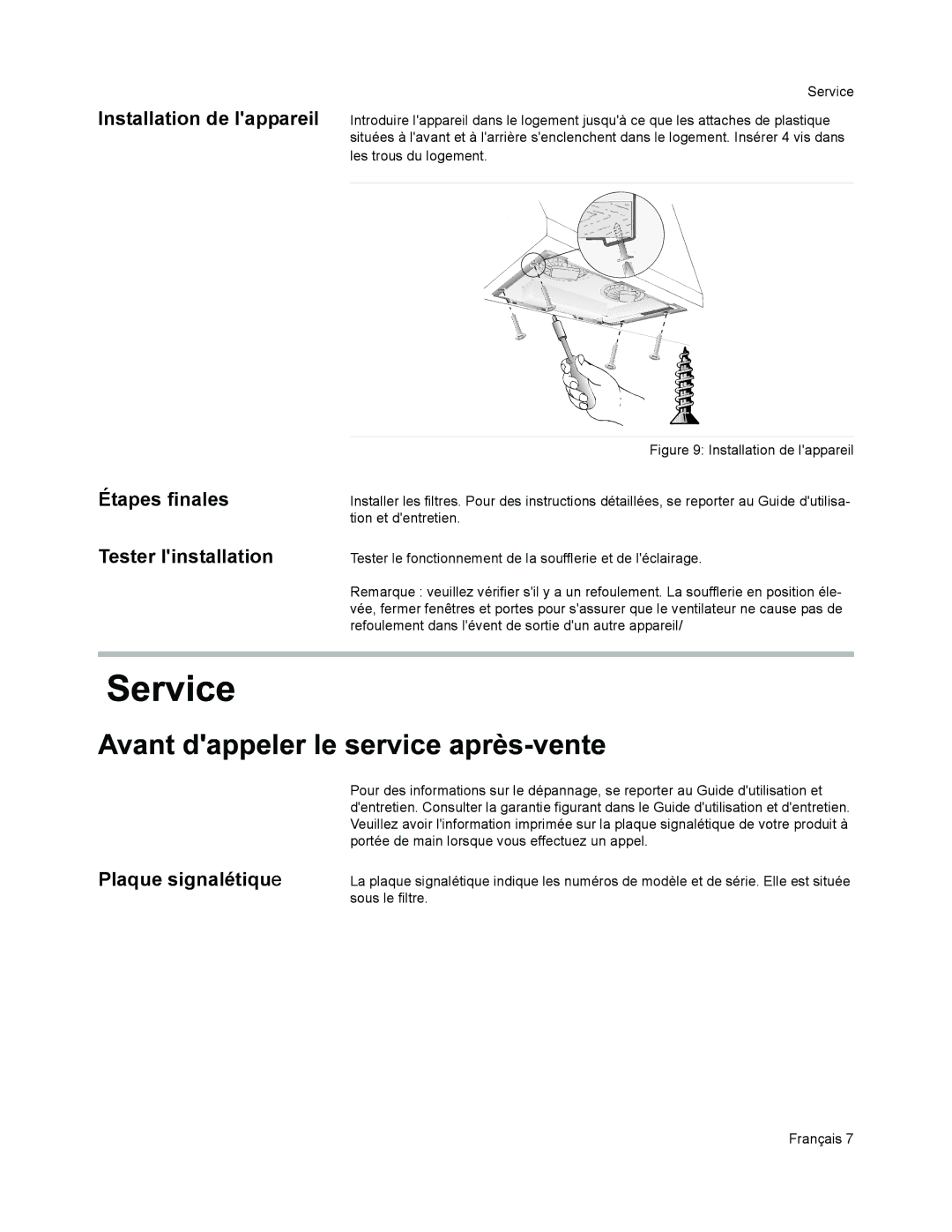 Thermador VCI2 installation manual Étapes finales Tester linstallation, Plaque signalétique 