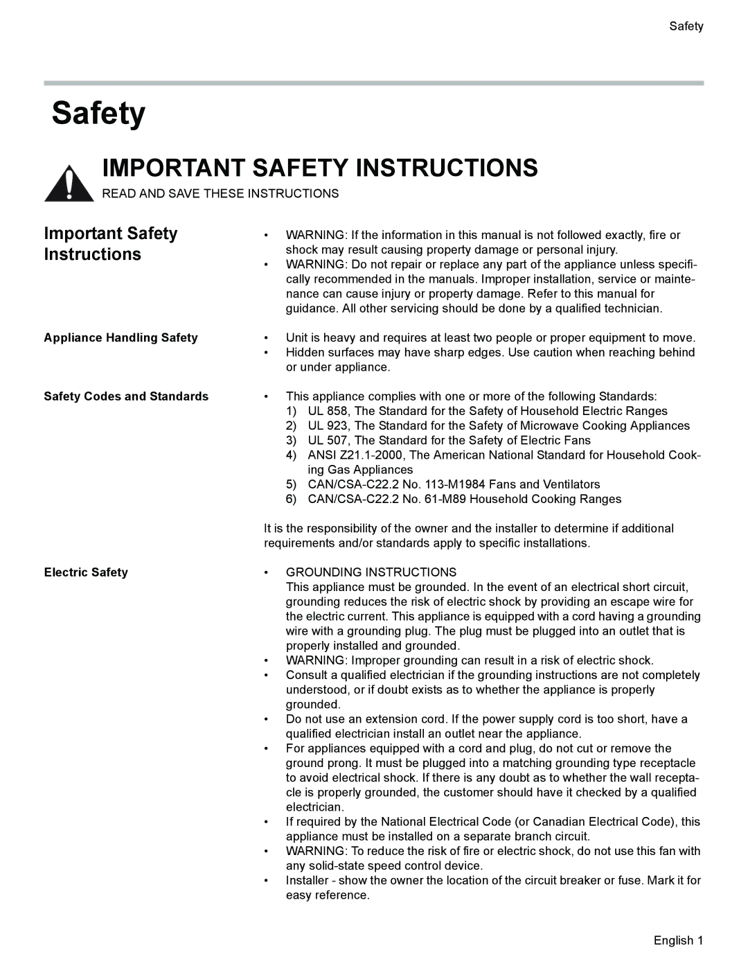 Thermador VCI2 Important Safety Instructions, Appliance Handling Safety, Safety Codes and Standards, Electric Safety 