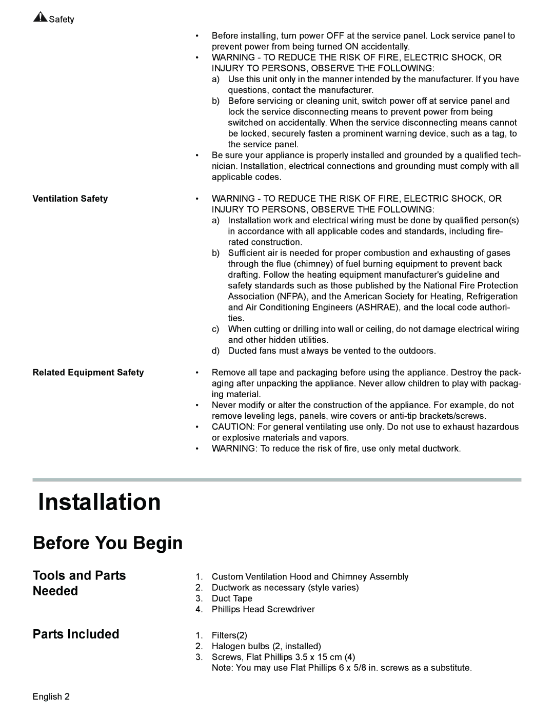 Thermador VCI2 installation manual Tools and Parts Needed, Parts Included, Ventilation Safety, Related Equipment Safety 