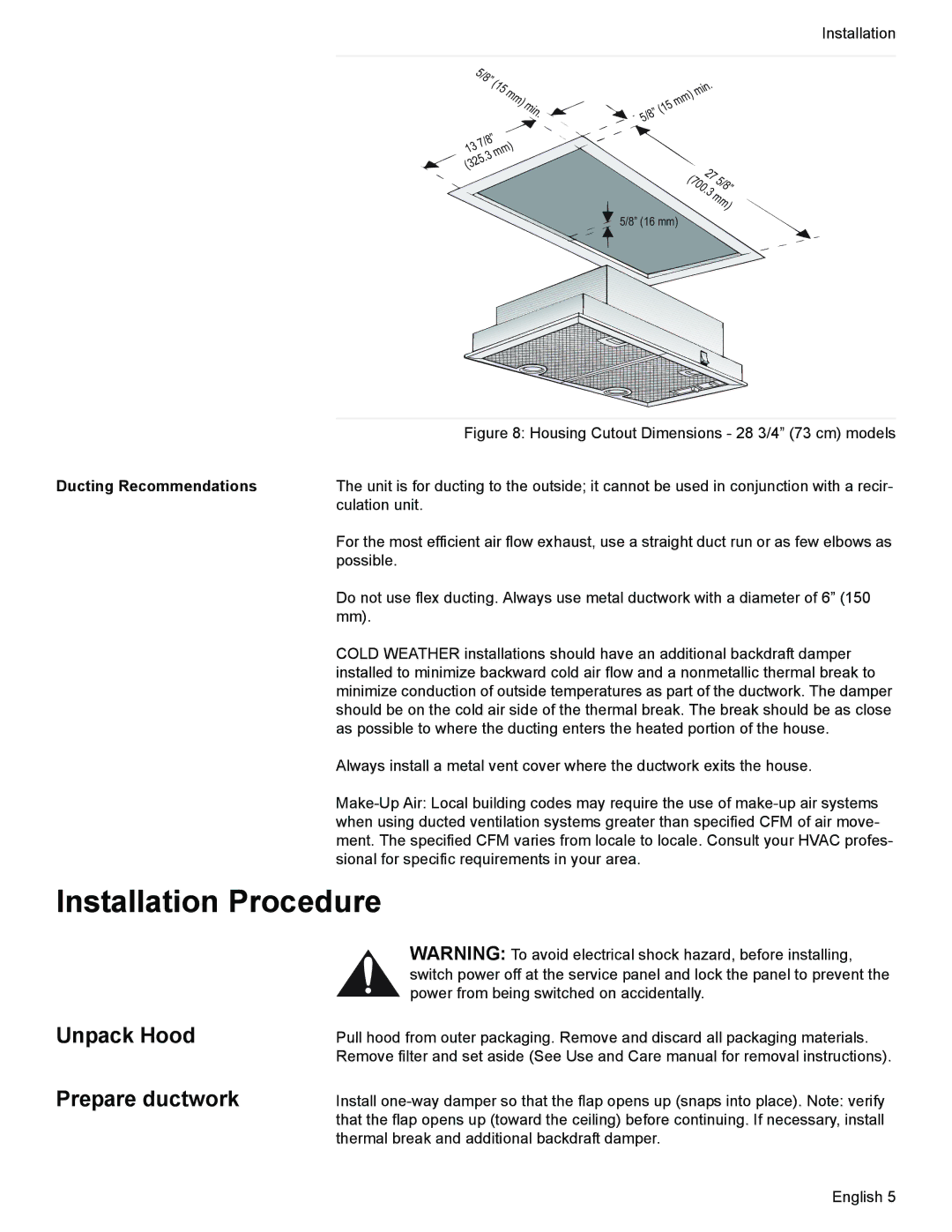 Thermador VCI2 installation manual Unpack Hood, Prepare ductwork, Ducting Recommendations 