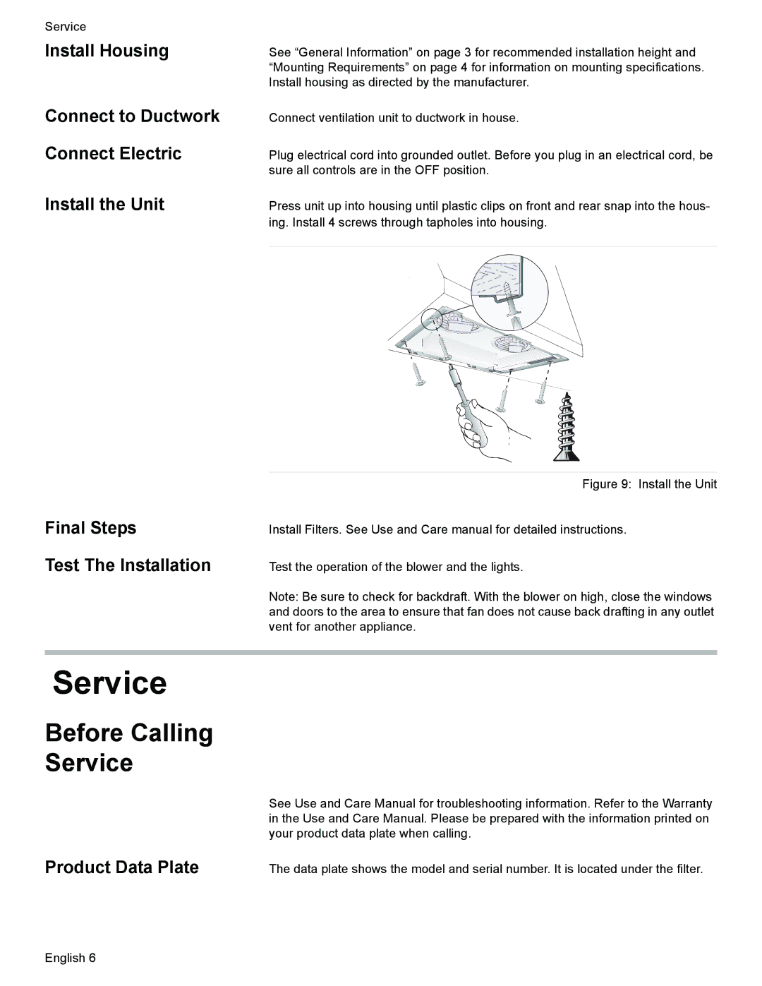 Thermador VCI2 installation manual Install Housing, Install the Unit, Final Steps Test The Installation, Product Data Plate 