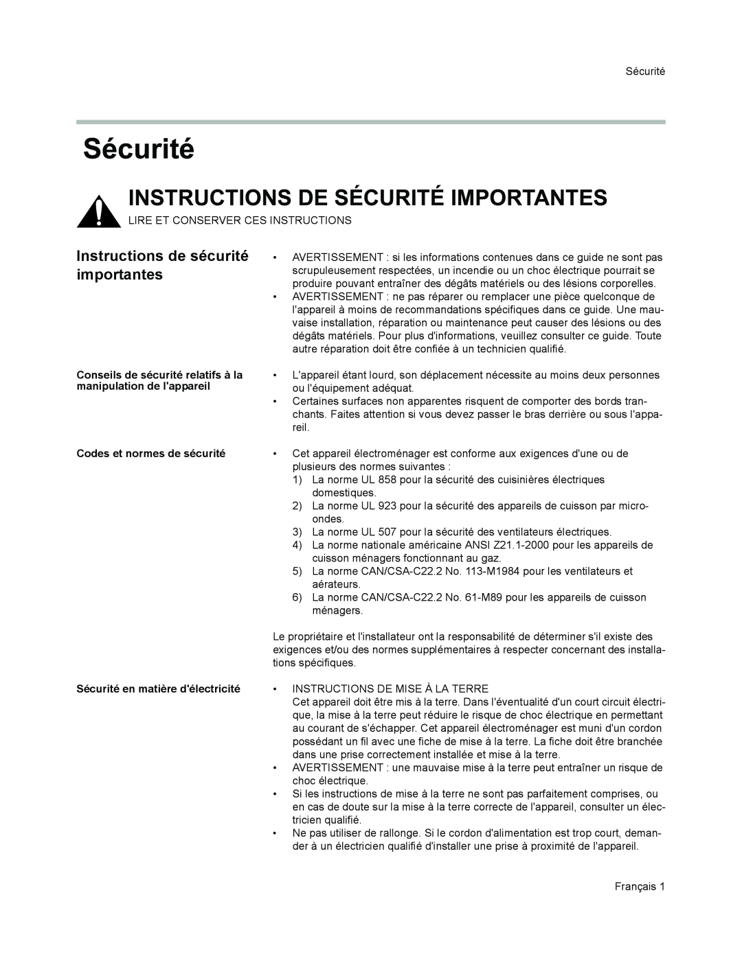 Thermador VCI2 Instructions de sécurité importantes, Codes et normes de sécurité, Sécurité en matière délectricité 