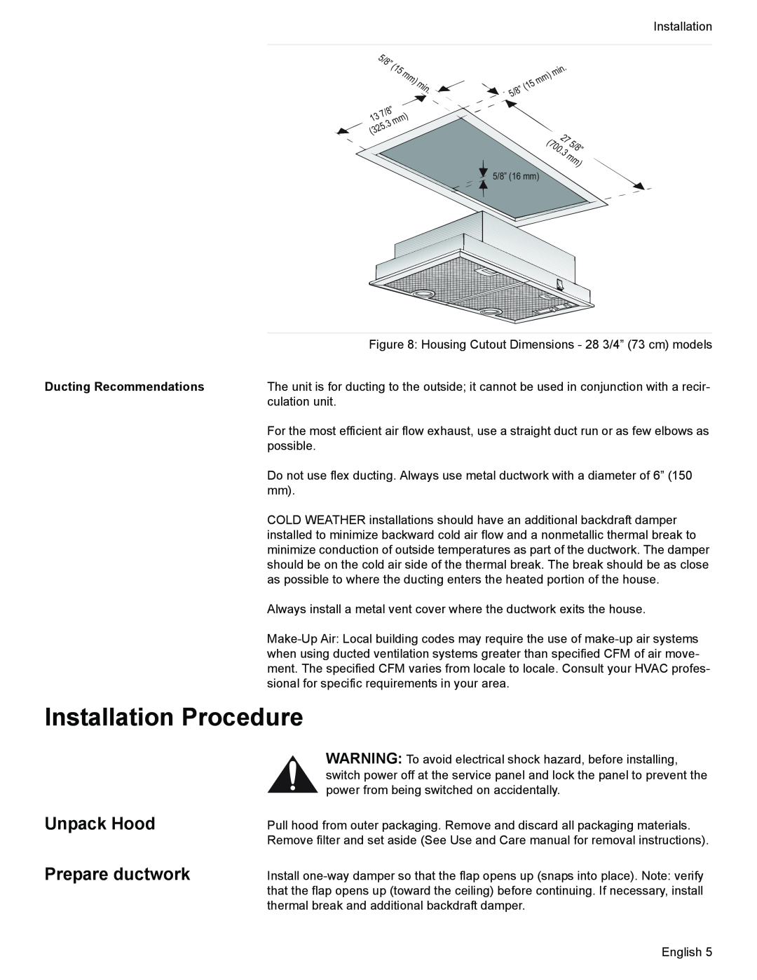 Thermador VCI2 installation manual Installation Procedure, Unpack Hood, Prepare ductwork, Ducting Recommendations 