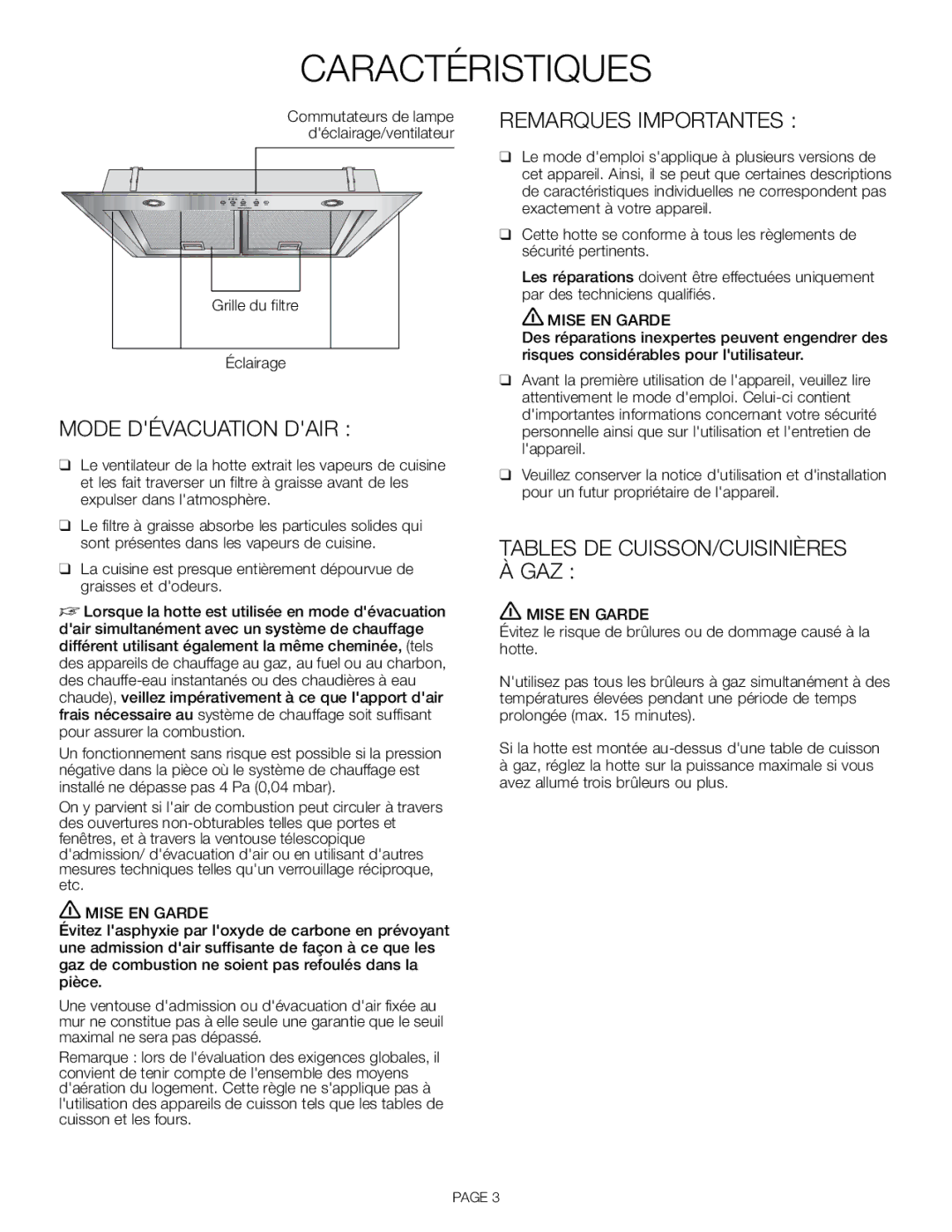 Thermador VCI230DS, VCI248DS, VCI236DS, VCI 230, VCI 236, VCI 248 installation manual Caractéristiques, Mode Dévacuation Dair 