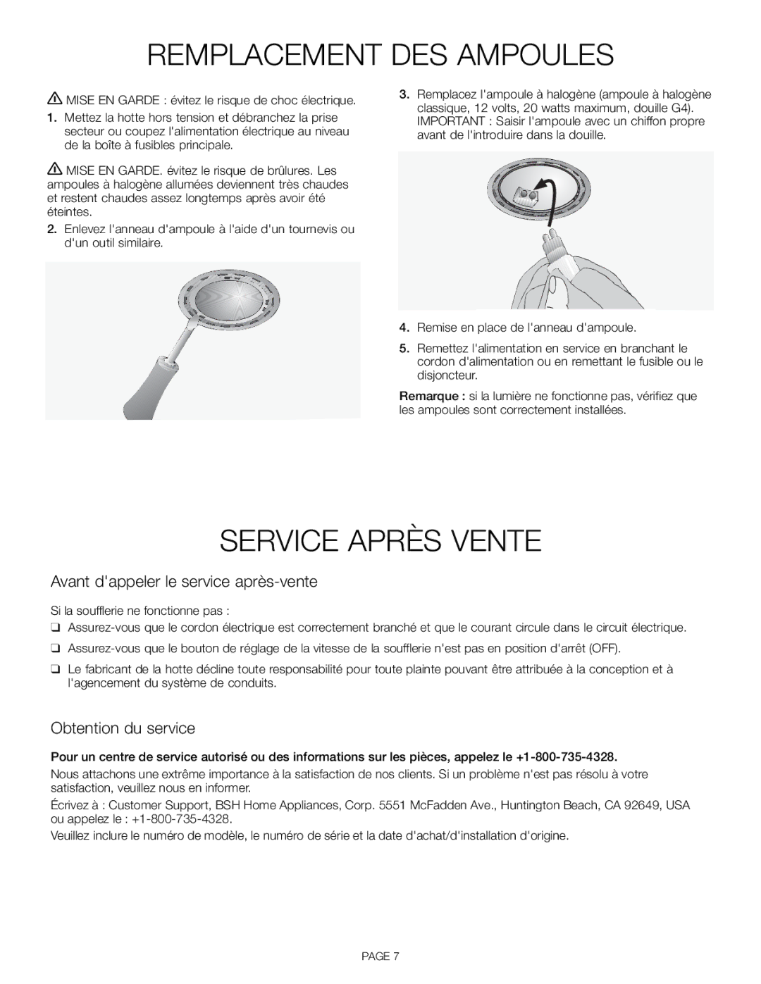 Thermador VCI 248, VCI248DS, VCI230DS Remplacement DES Ampoules, Service Après Vente, Avant dappeler le service après-vente 