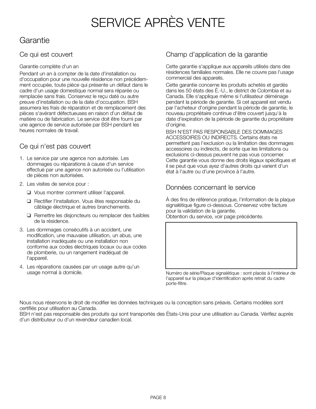 Thermador VCI248DS, VCI230DS, VCI236DS Ce qui est couvert, Ce qui nest pas couvert, Champ dapplication de la garantie 