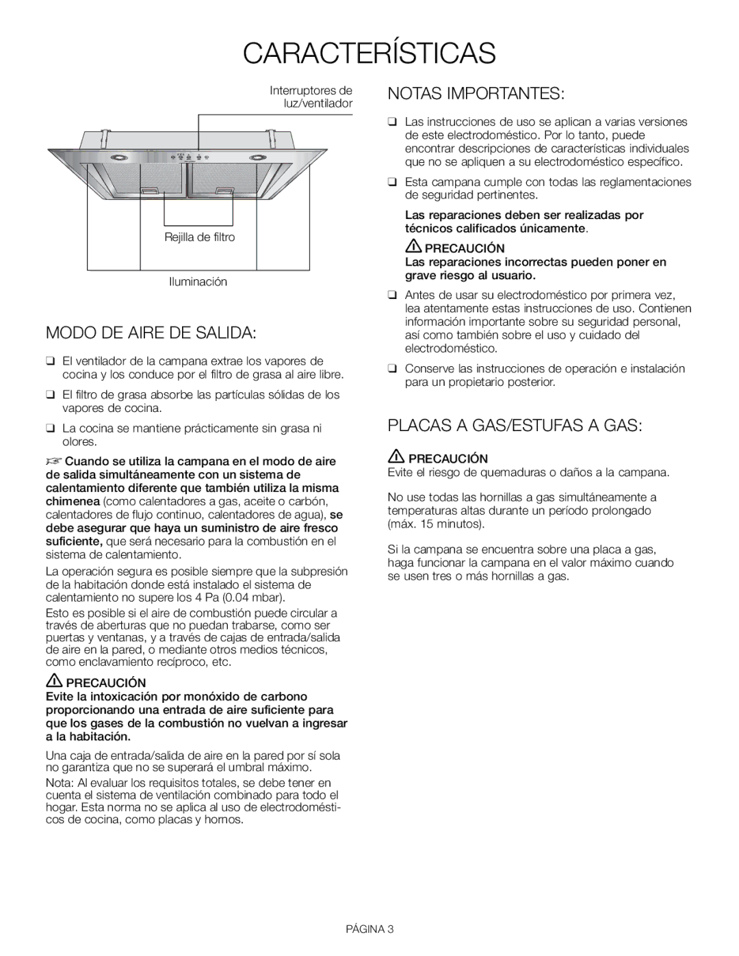 Thermador VCI 230, VCI248DS, VCI230DS, VCI236DS, VCI 236, VCI 248 installation manual Características, Modo DE Aire DE Salida 