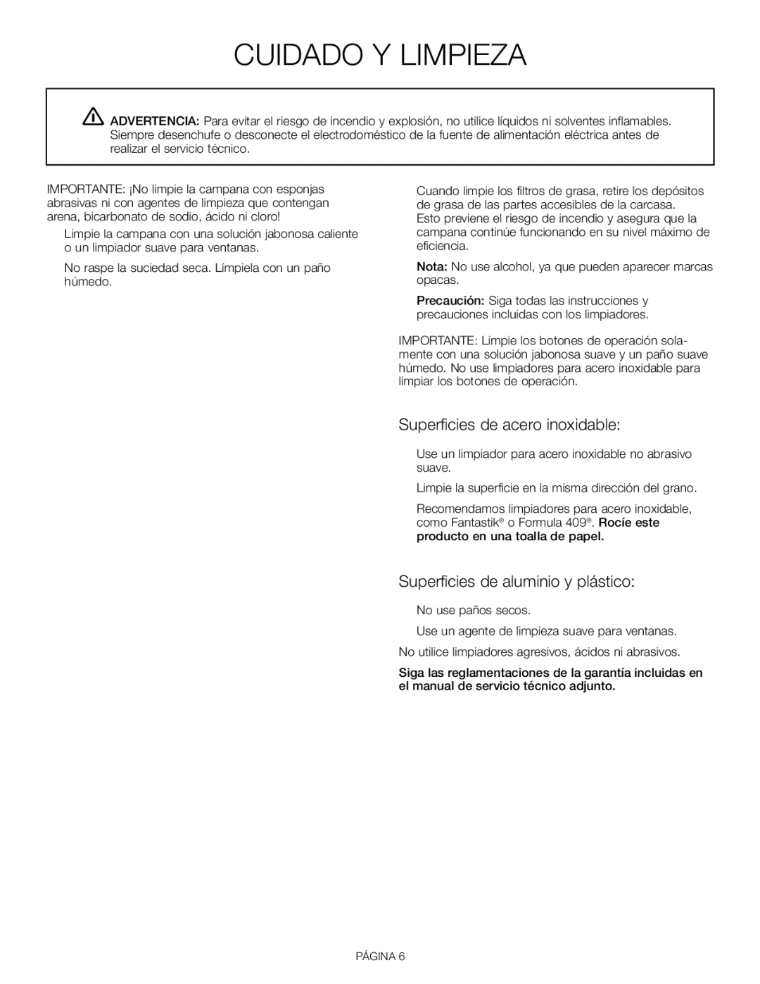 Thermador VCI248DS, VCI230DS Cuidado Y Limpieza, Superficies de acero inoxidable, Superficies de aluminio y plástico 