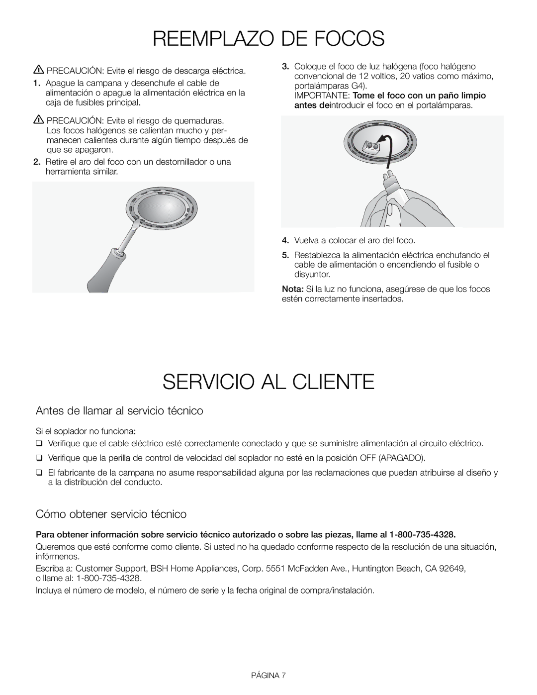 Thermador VCI230DS, VCI248DS, VCI236DS, VCI 230 Reemplazo DE Focos, Servicio AL Cliente, Antes de llamar al servicio técnico 