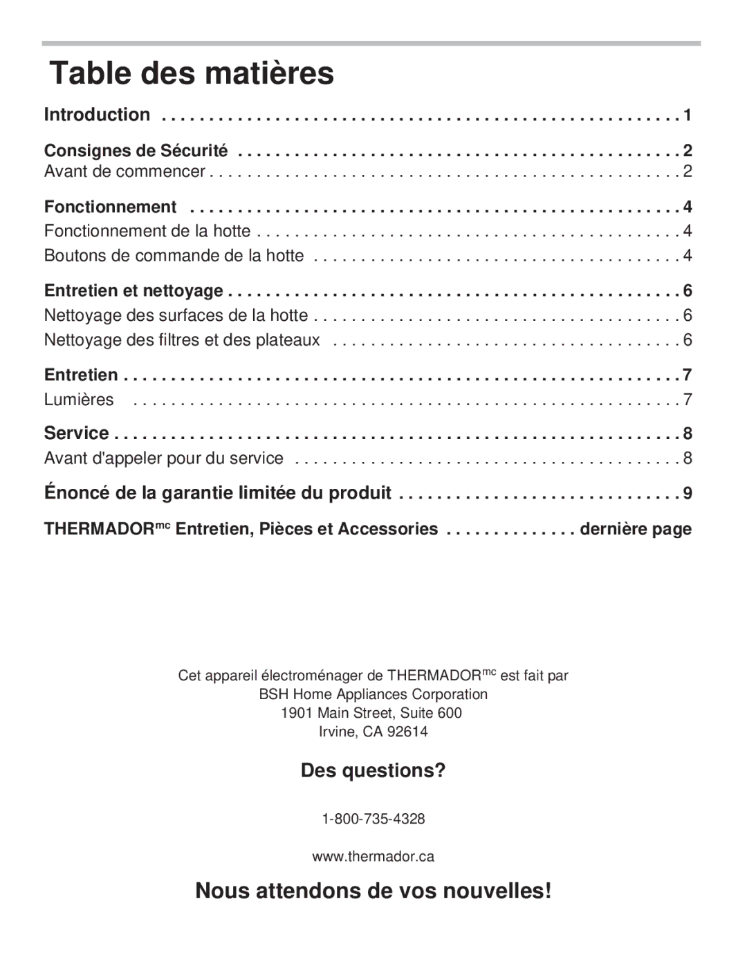 Thermador VCIN54JP, VCIN48JP Table des matières, Nous attendons de vos nouvelles, Lumières, Avant dappeler pour du service 