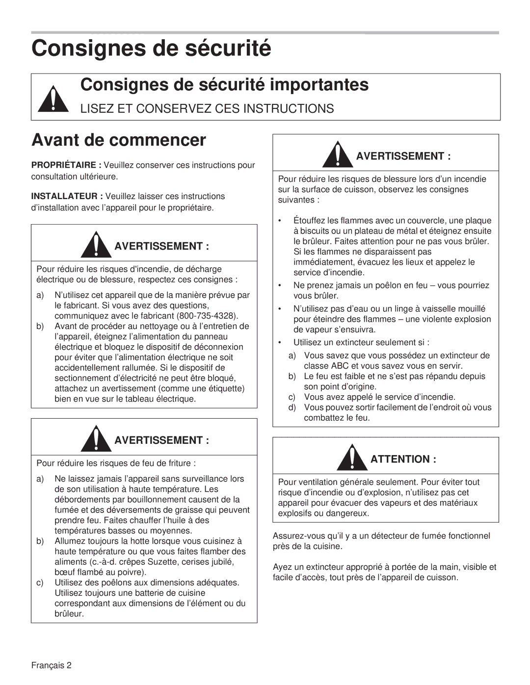 Thermador VCIN48JP, VCIB48JP, VCIB54JP, VCIB36JP, VCIN54JP, VCIN36JP manual Consignes de sécurité, Avant de commencer 