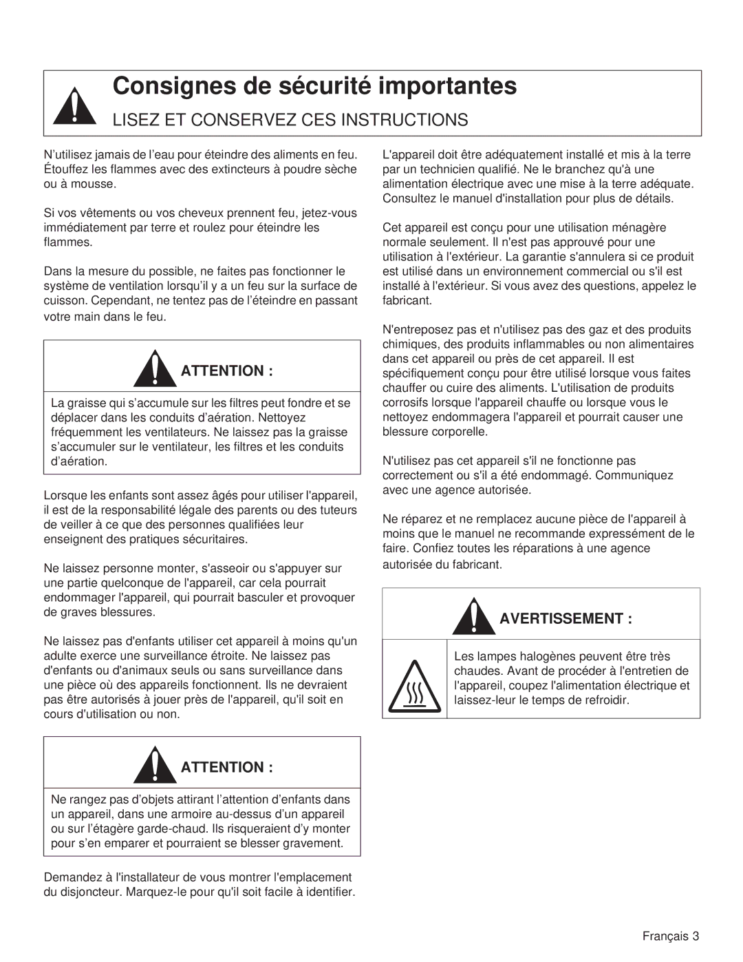 Thermador VCIB48JP, VCIN48JP, VCIB54JP, VCIB36JP, VCIN54JP, VCIN36JP manual Consignes de sécurité importantes 