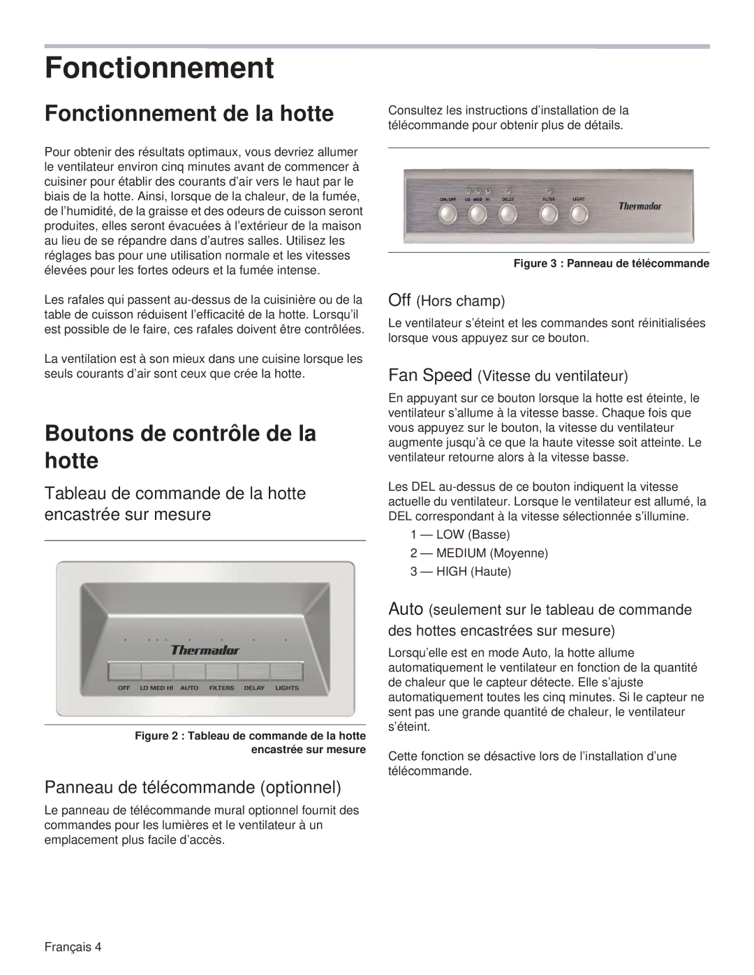 Thermador VCIB54JP Fonctionnement de la hotte, Boutons de contrôle de la hotte, Panneau de télécommande optionnel 