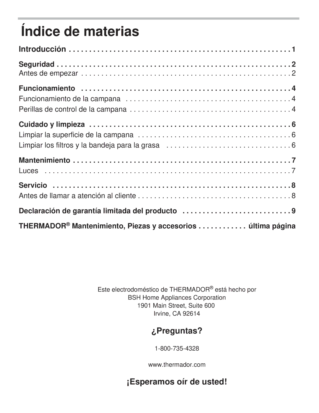 Thermador VCIB36JP, VCIN48JP, VCIB48JP, VCIB54JP, VCIN54JP Índice de materias, Luces, Antes de llamar a atención al cliente 