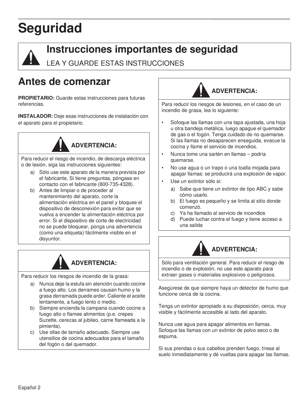 Thermador VCIN36JP, VCIN48JP, VCIB48JP, VCIB54JP, VCIB36JP, VCIN54JP manual Seguridad, Antes de comenzar 