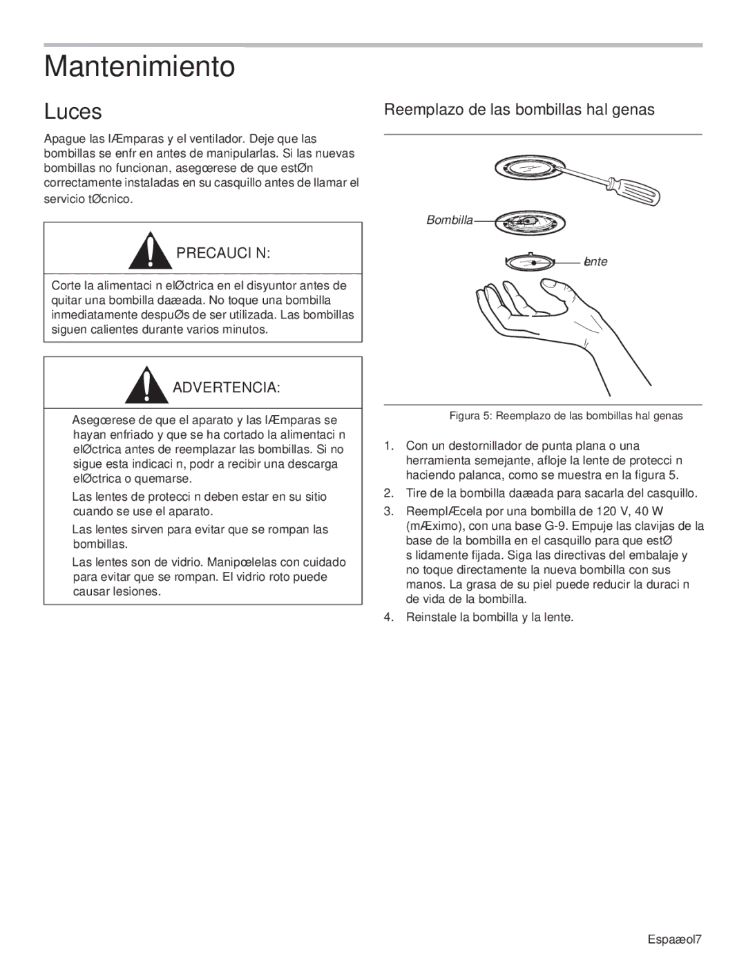 Thermador VCIN54JP, VCIN48JP, VCIB48JP, VCIB54JP, VCIB36JP, VCIN36JP manual Mantenimiento, Luces 