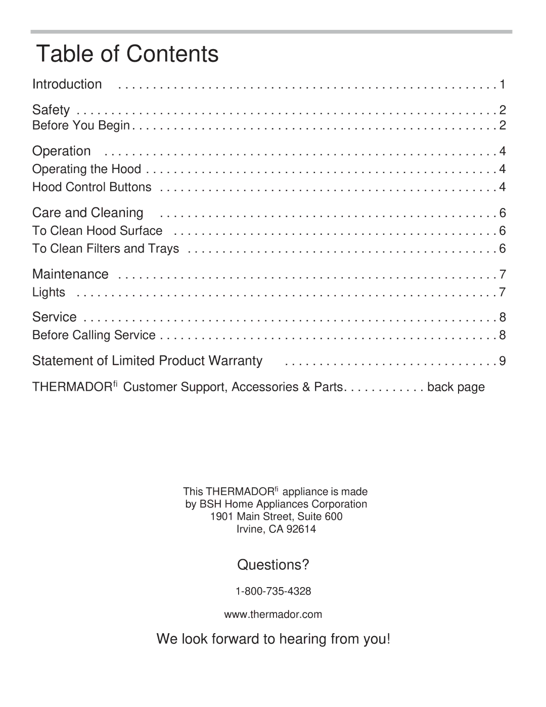 Thermador VCIN36JP, VCIN48JP, VCIB48JP, VCIB54JP, VCIB36JP, VCIN54JP manual Table of Contents 