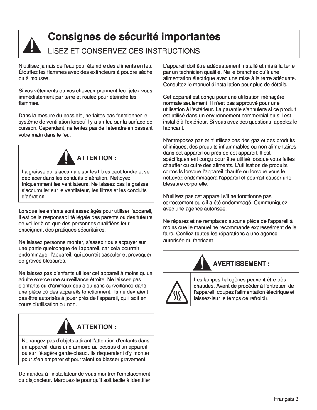 Thermador VCIB48JP manual Consignes de sécurité importantes, Lisez Et Conservez Ces Instructions, Avertissement, Français 