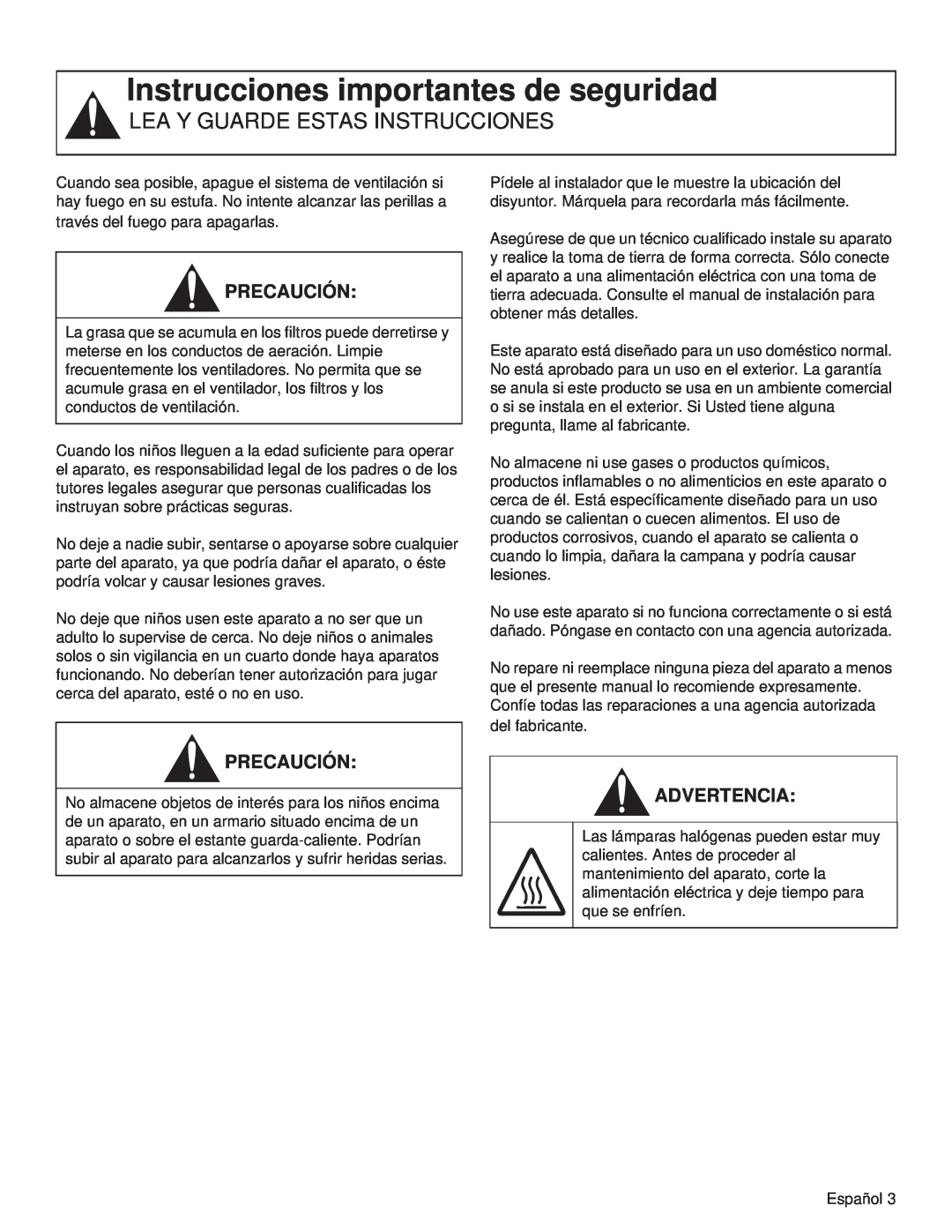 Thermador VCIN48JP manual Instrucciones importantes de seguridad, Lea Y Guarde Estas Instrucciones, Precaución, Advertencia 