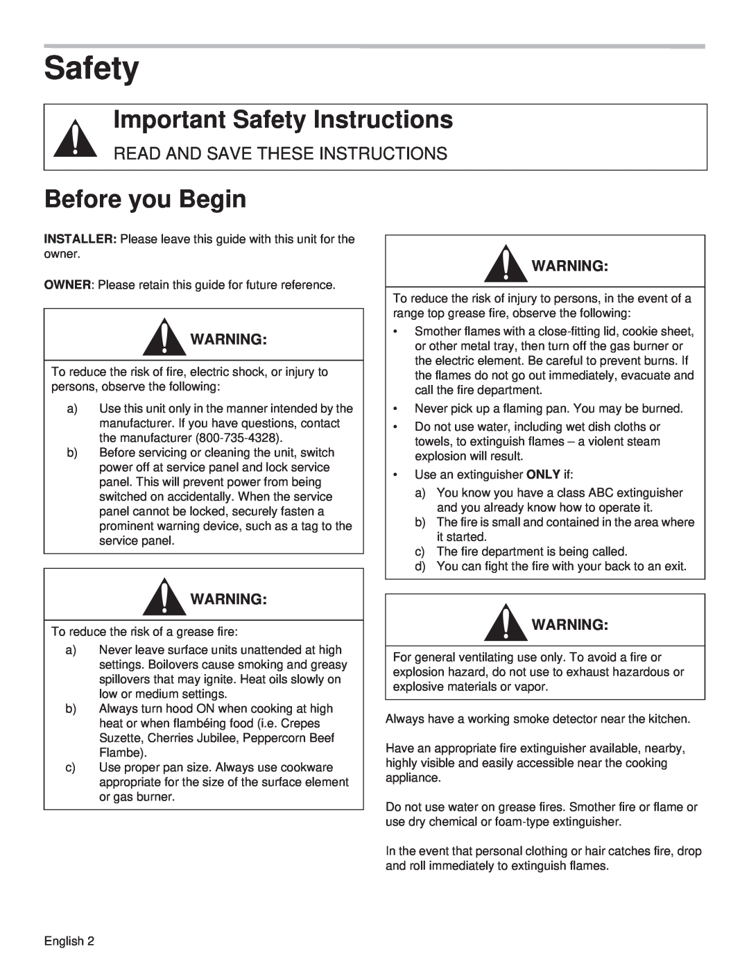 Thermador VCIB48JP, VCIN48JP manual Important Safety Instructions, Before you Begin, Read And Save These Instructions 