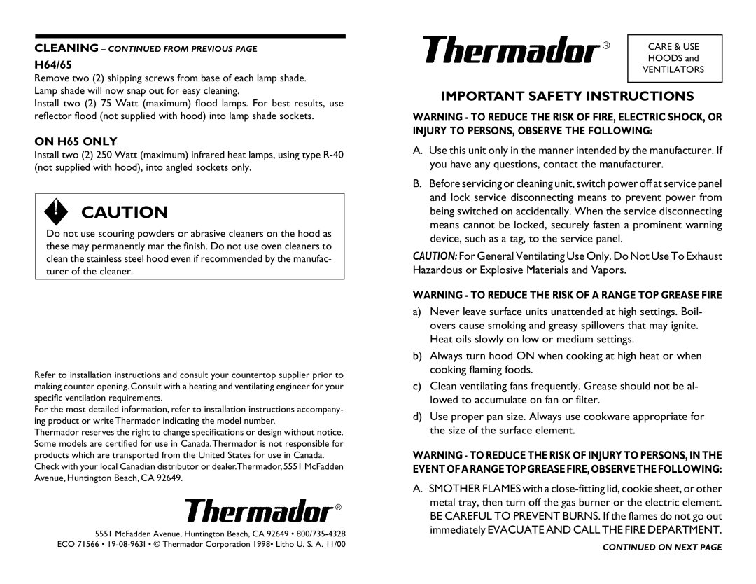 Thermador Ventilation Hood, 423 manual Important Safety Instructions, H64/65, On H65 only 