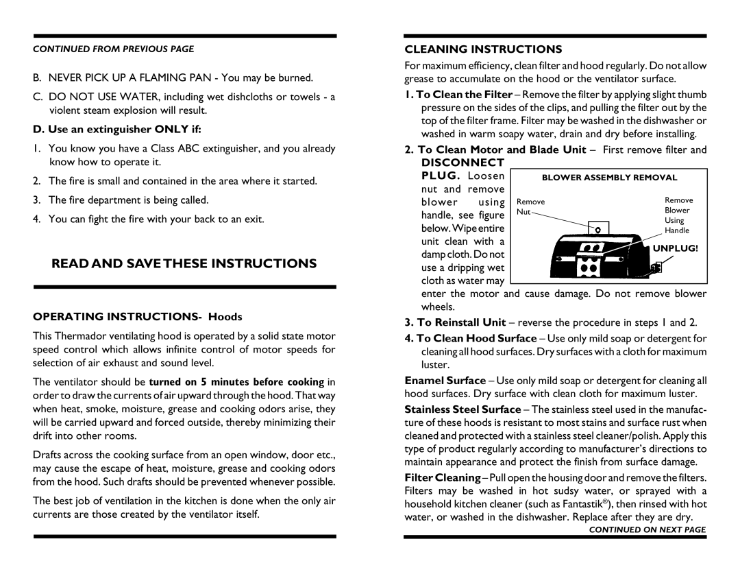 Thermador 423, Ventilation Hood, H64 manual Read and Save These Instructions, Cleaning Instructions, Disconnect 