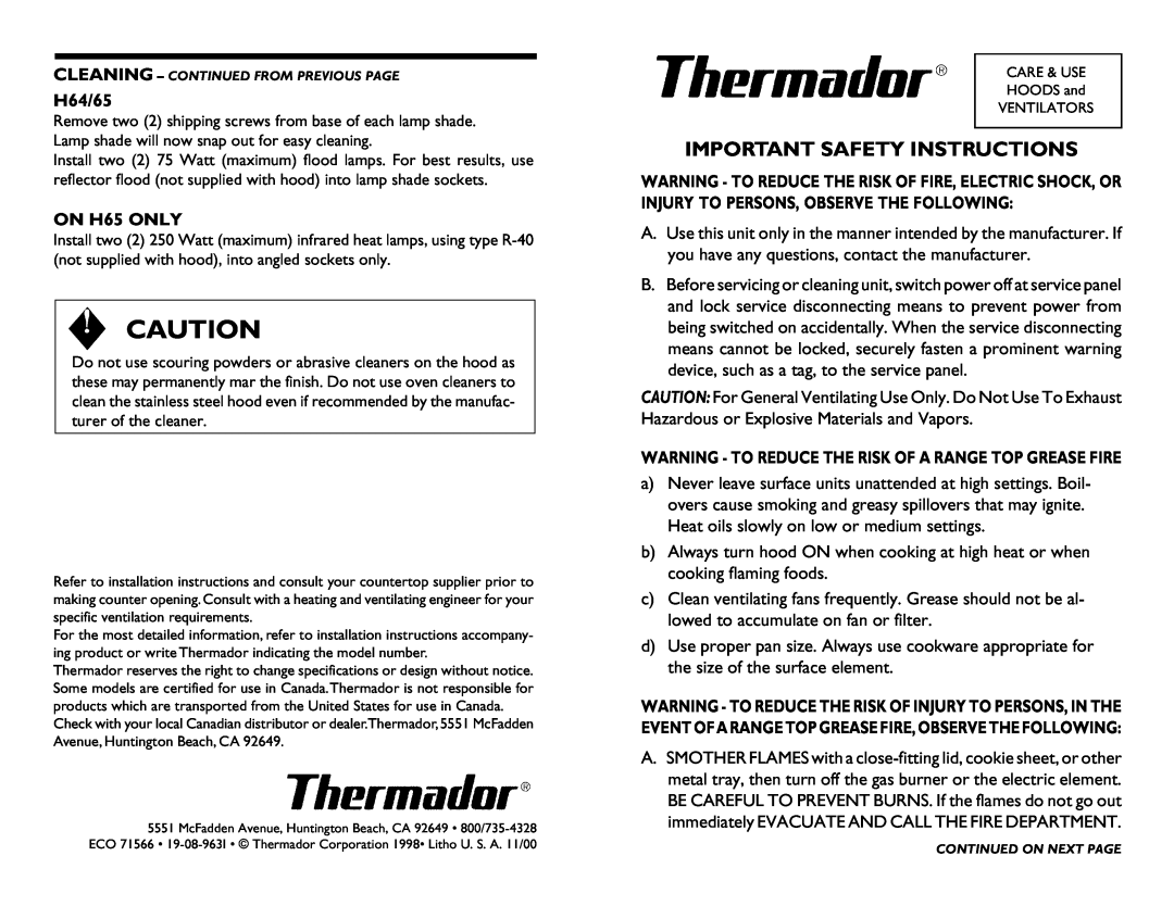 Thermador Ventilation Hood, 423 manual Important Safety Instructions, H64/65, ON H65 ONLY 