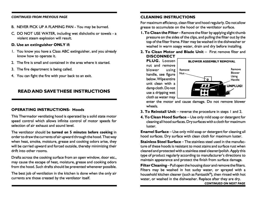 Thermador 423, H64 manual Read And Save These Instructions, D. Use an extinguisher ONLY if, OPERATING INSTRUCTIONS- Hoods 