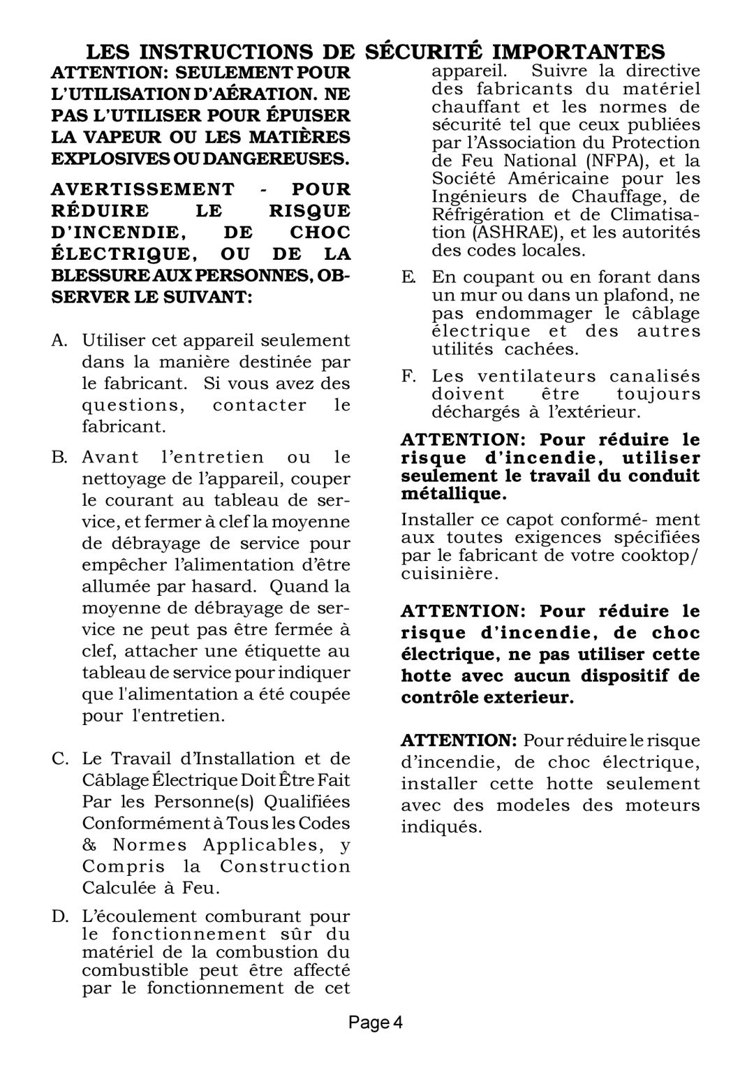 Thermador VTN420B installation instructions LES Instructions DE Sécurité Importantes 