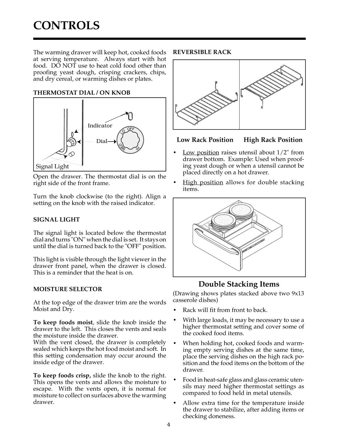 Thermador WD24, WD27, WD30 manual Controls, Double Stacking Items, Low Rack Position High Rack Position 