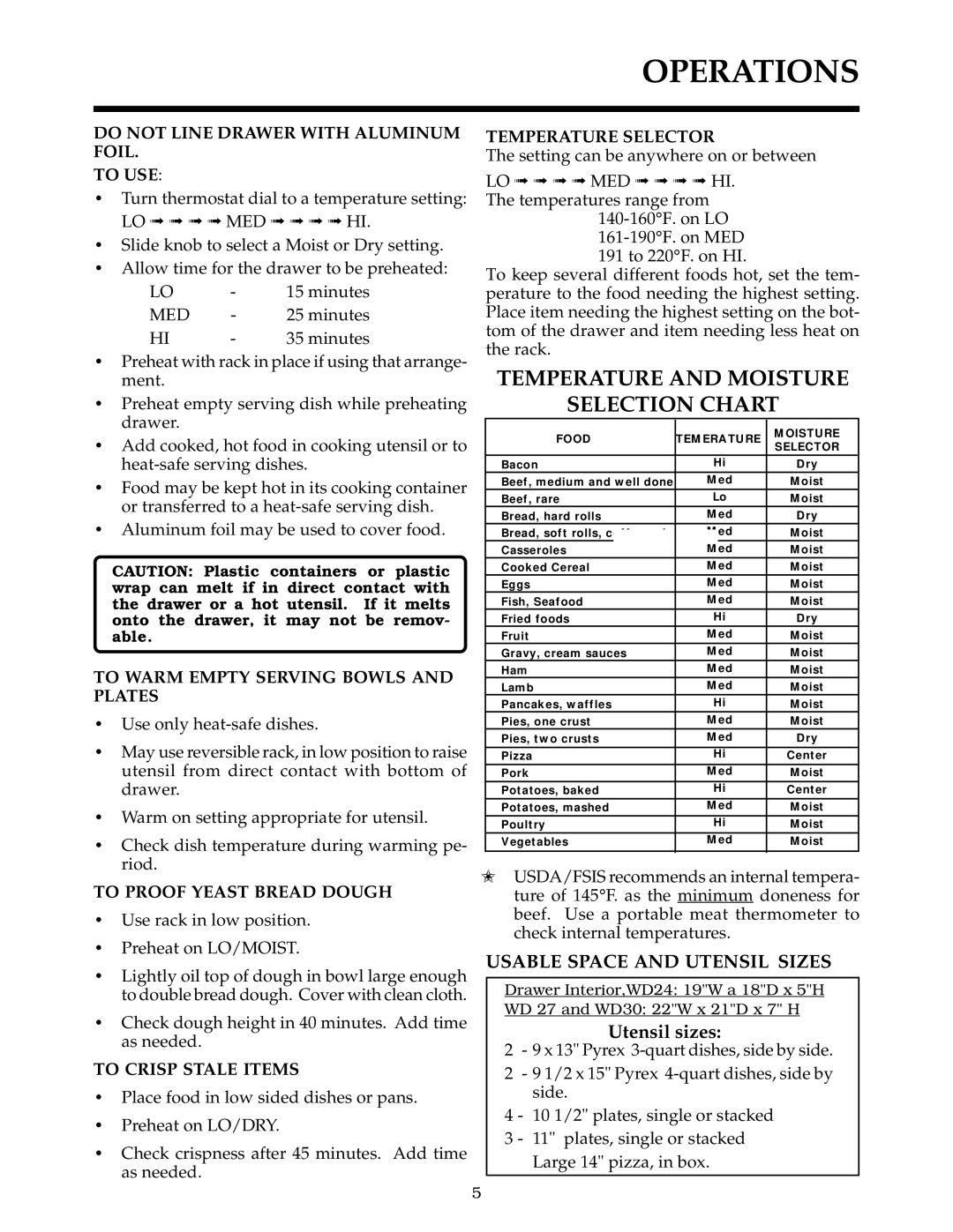 Thermador WD27, WD30 Operations, Temperature and Moisture Selection Chart, Usable Space and Utensil Sizes, Utensil sizes 