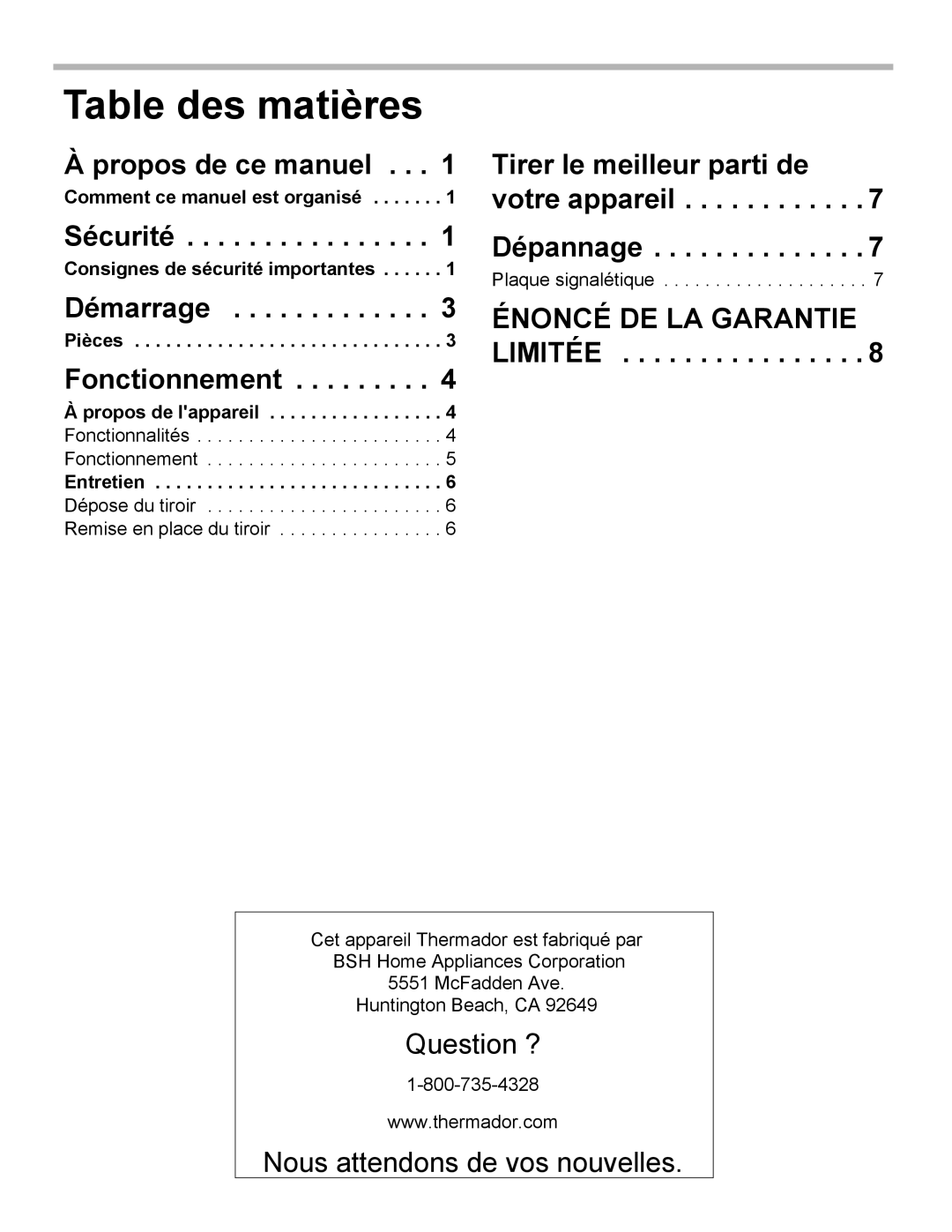 Thermador WD30, WD27 manual Propos de ce manuel, Sécurité, Démarrage, Fonctionnement, Énoncé DE LA Garantie Limitée 