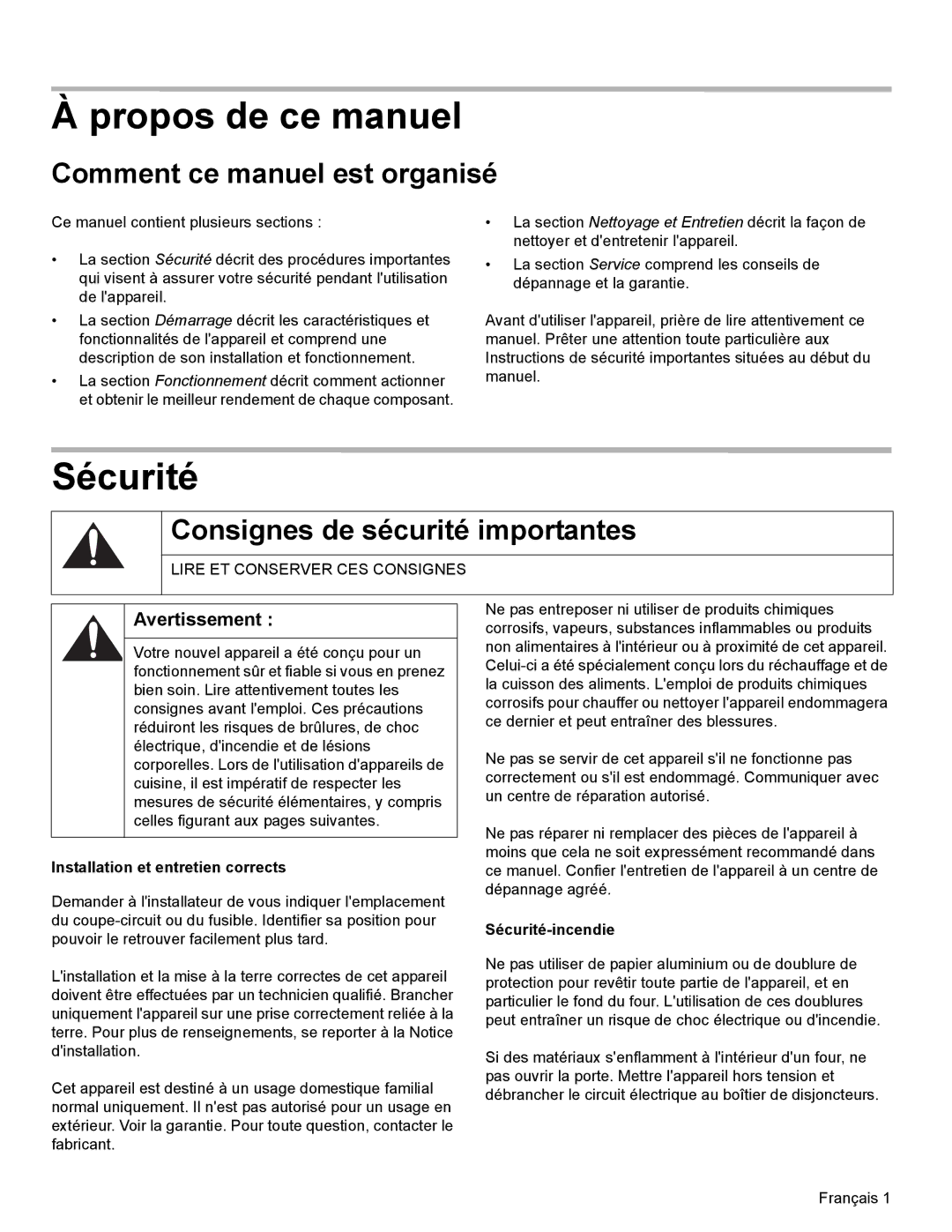 Thermador WD27, WD30 manual Propos de ce manuel, Sécurité, Comment ce manuel est organisé, Consignes de sécurité importantes 