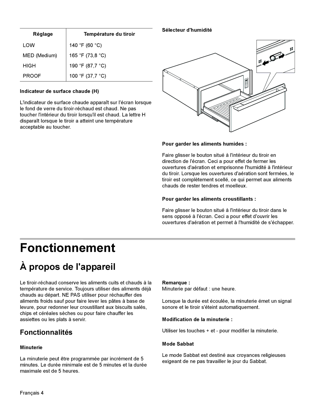 Thermador WD30, WD27 manual Fonctionnement, Propos de lappareil, Fonctionnalités 