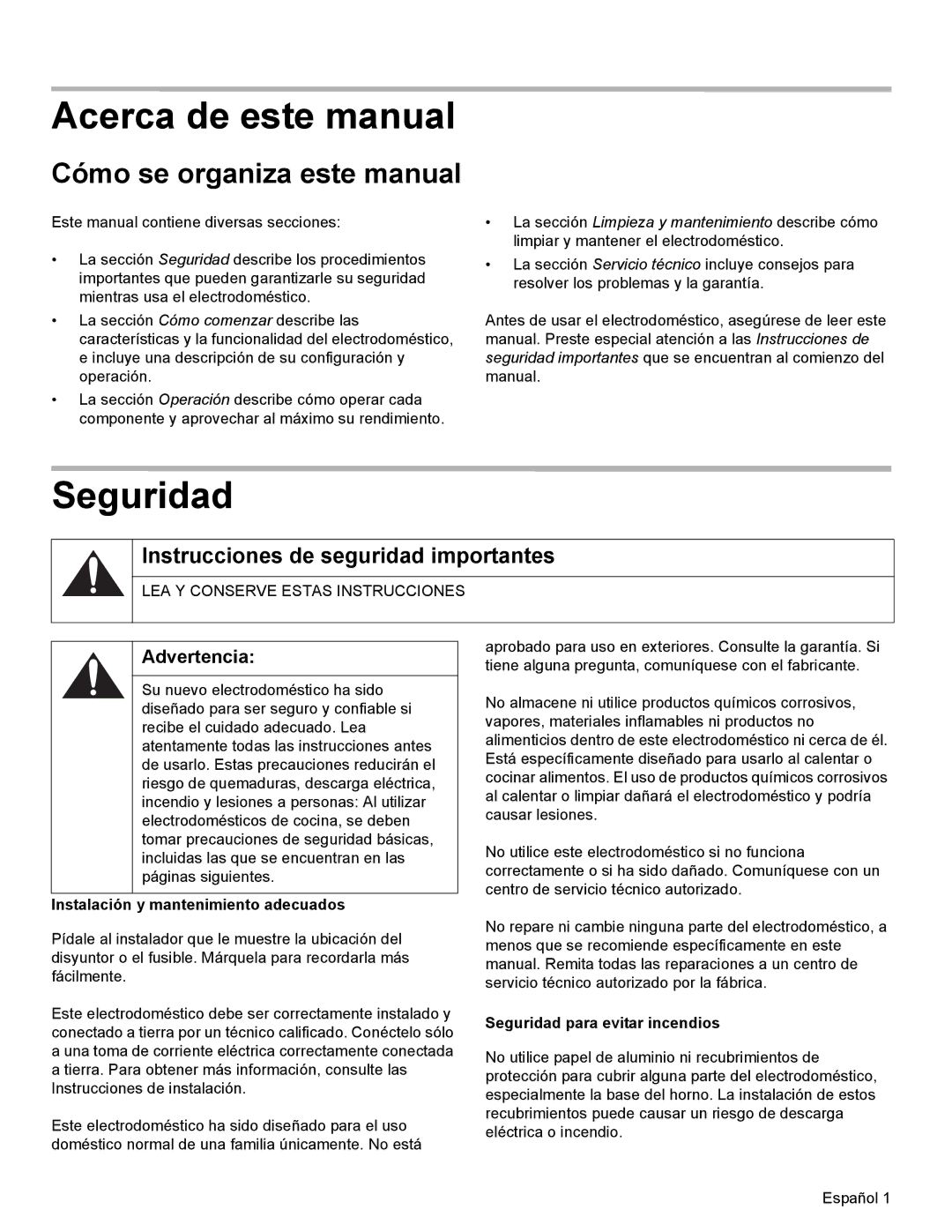 Thermador WD27 Acerca de este manual, Seguridad, Cómo se organiza este manual, Instrucciones de seguridad importantes 