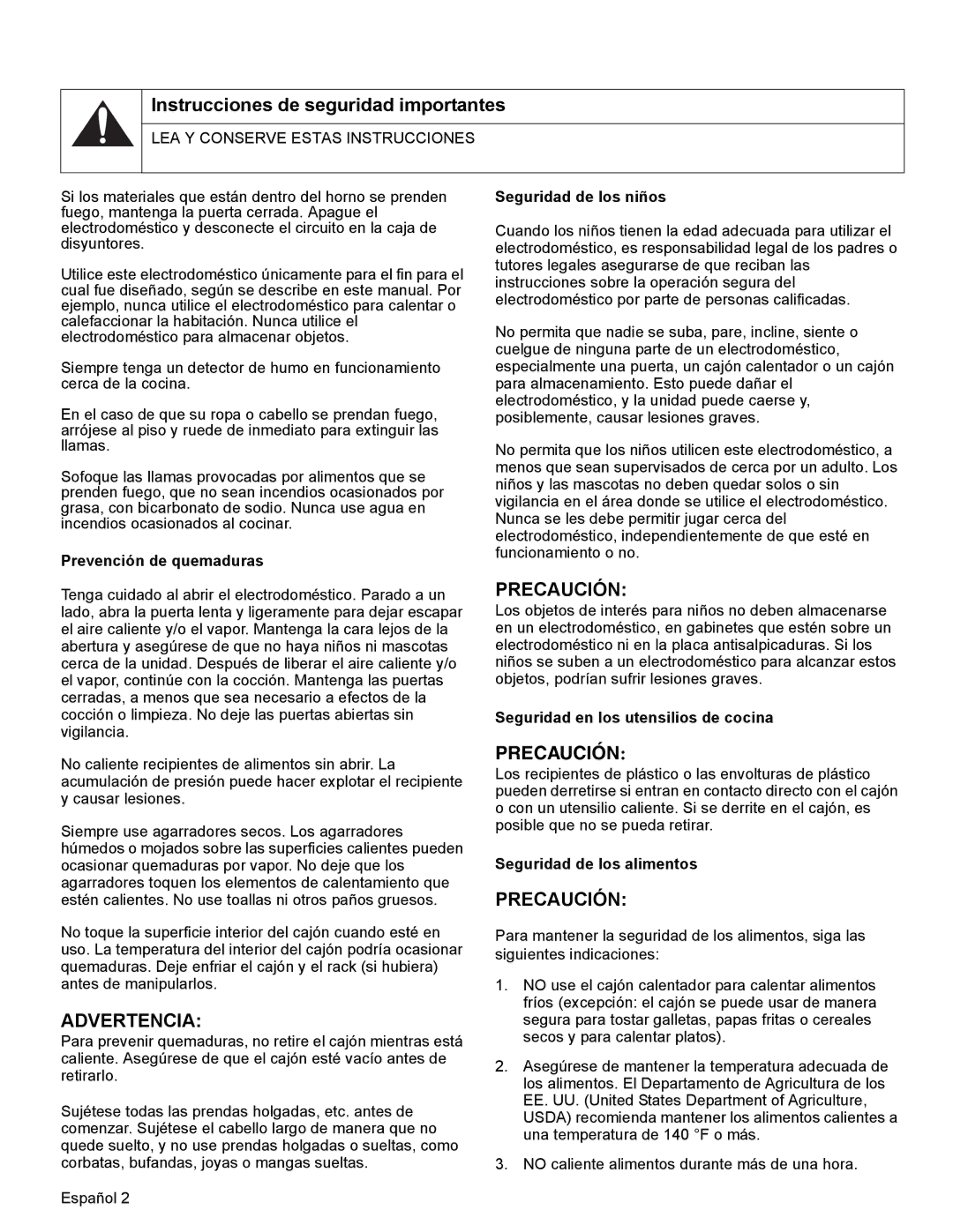 Thermador WD30, WD27 manual Prevención de quemaduras, Seguridad de los niños, Seguridad en los utensilios de cocina 