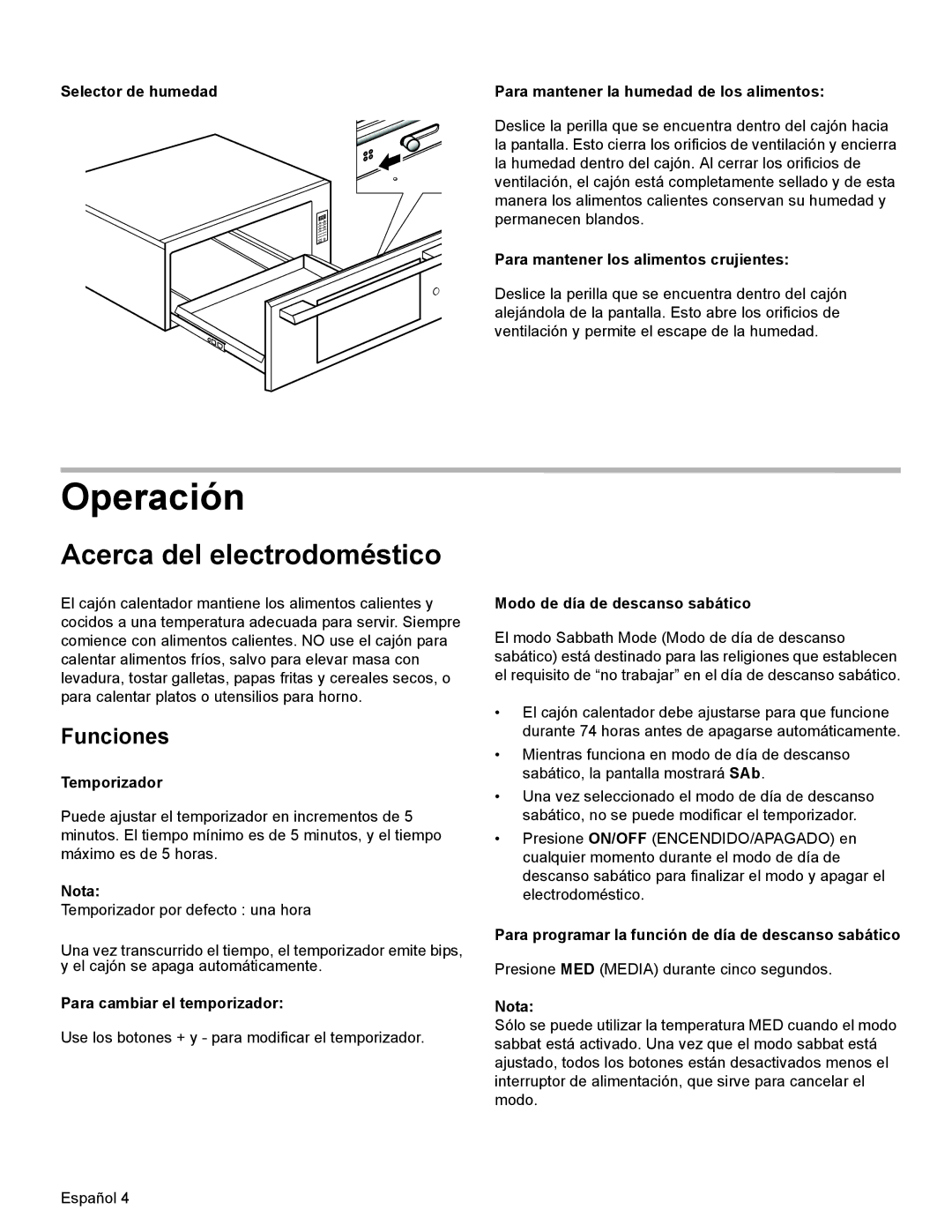 Thermador WD30, WD27 manual Operación, Acerca del electrodoméstico, Funciones 