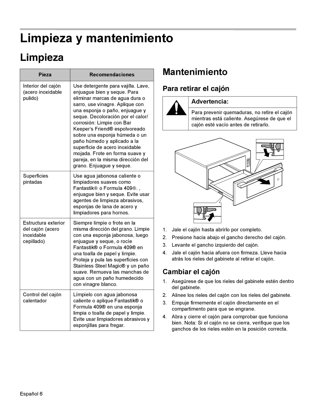 Thermador WD30 Limpieza y mantenimiento, Mantenimiento, Para retirar el cajón, Cambiar el cajón, Pieza Recomendaciones 