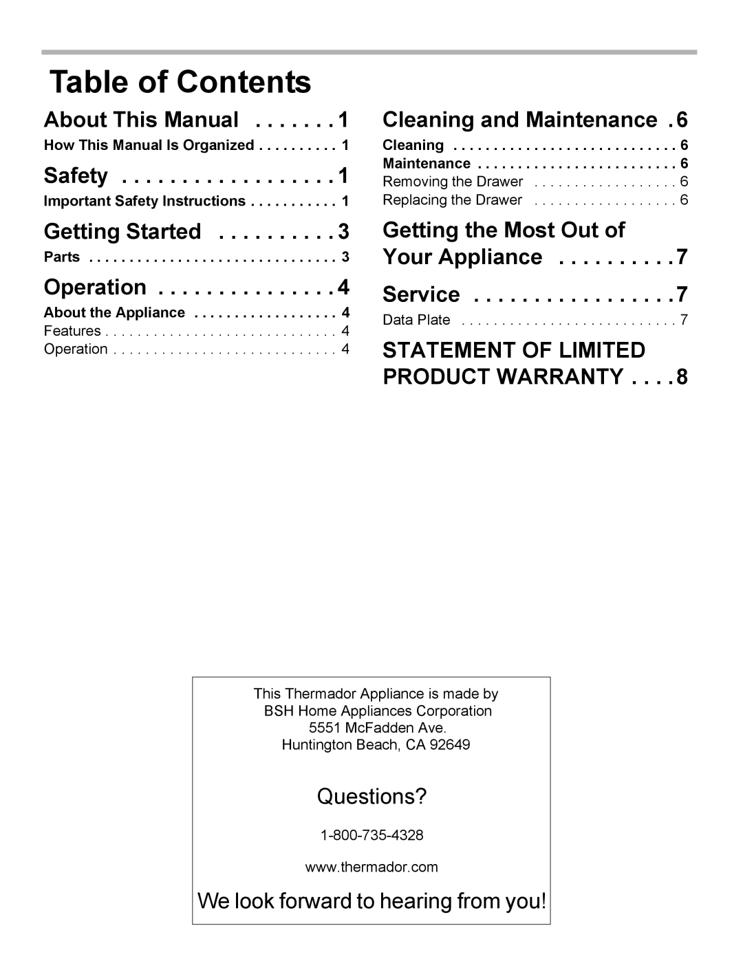 Thermador WD30 Table of Contents, About This Manual, Cleaning and Maintenance, Safety, Getting Started, Your Appliance 