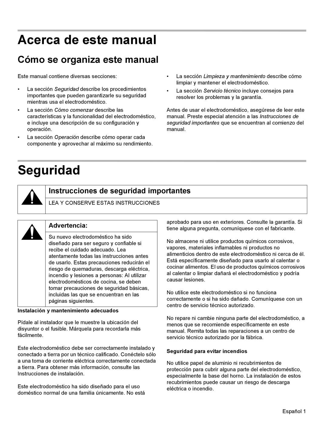 Thermador WD27 Acerca de este manual, Seguridad, Cómo se organiza este manual, Instrucciones de seguridad importantes 