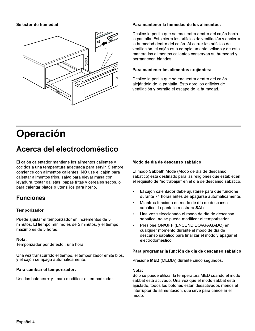 Thermador WD30, WD27 manual Operación, Acerca del electrodoméstico, Funciones, Selector de humedad, Temporizador, Nota 