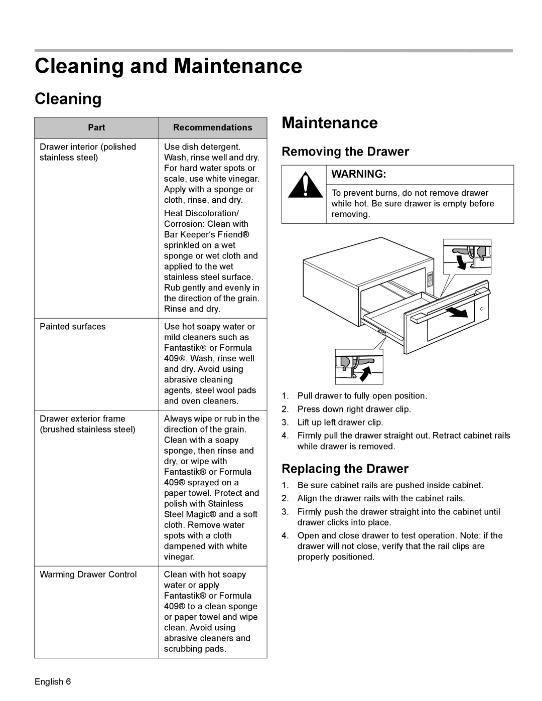 Thermador WD30, WD27 manual Cleaning and Maintenance, Removing the Drawer, Replacing the Drawer, Part, Recommendations 