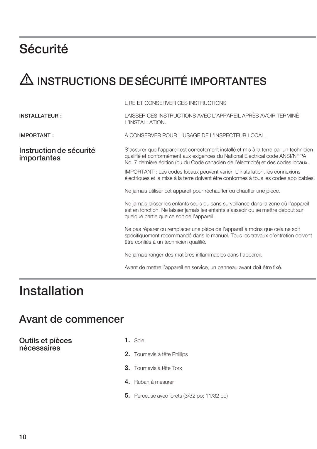 Thermador WDC30E manual Sécurité, Installation, Avant de commencer, Instruction de sécurité importantes 