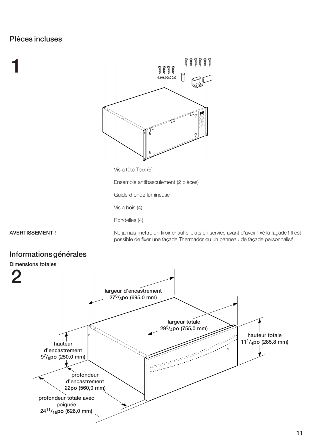 Thermador WDC30E manual PIèces incluses, Informations générales 