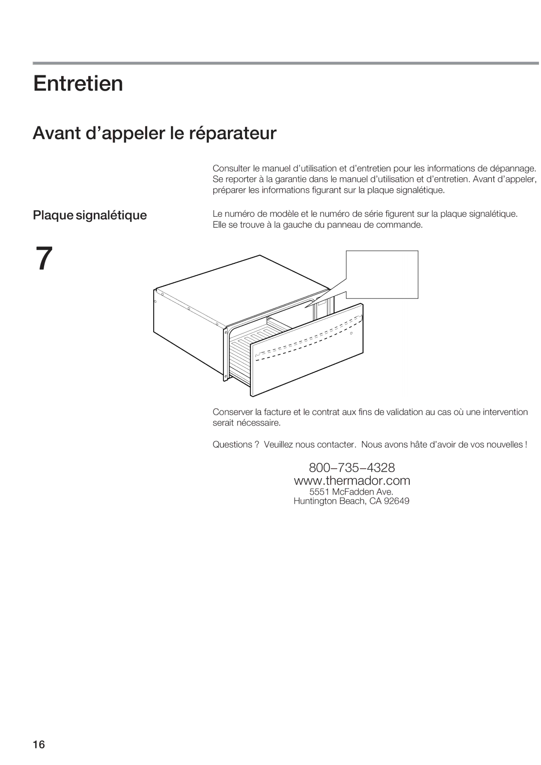 Thermador WDC30E manual Entretien, Avant dappeler le réparateur, Plaque signalétique 