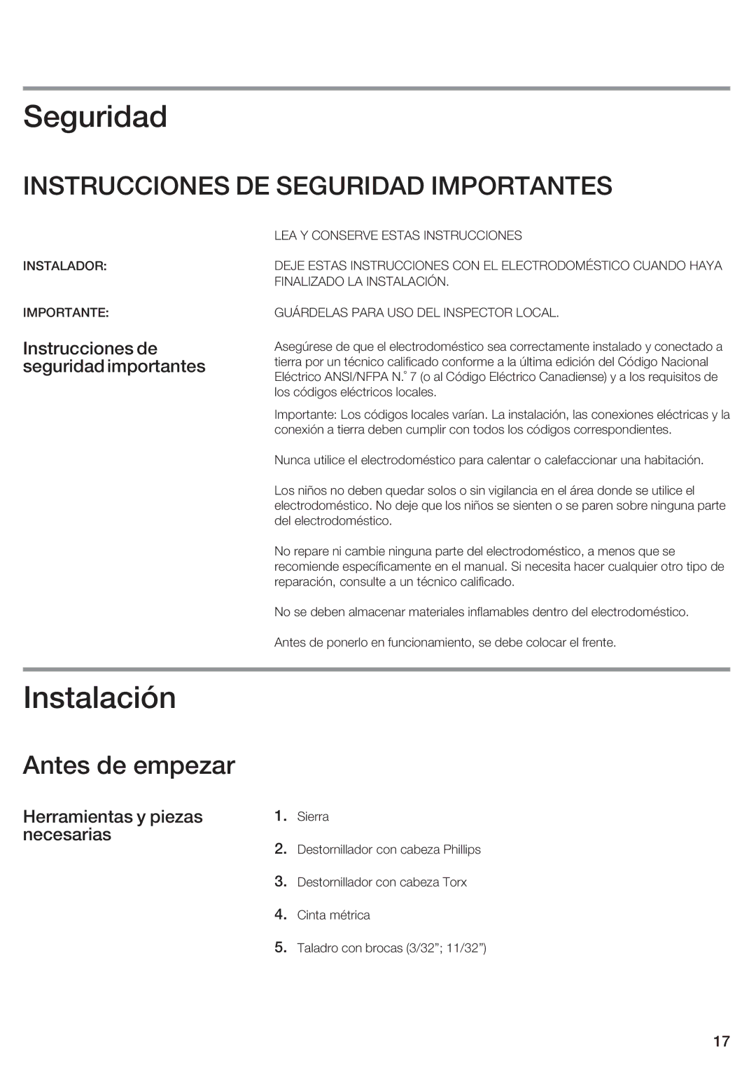 Thermador WDC30E manual Seguridad, Instalación, Antes de empezar, Instrucciones de seguridad importantes 