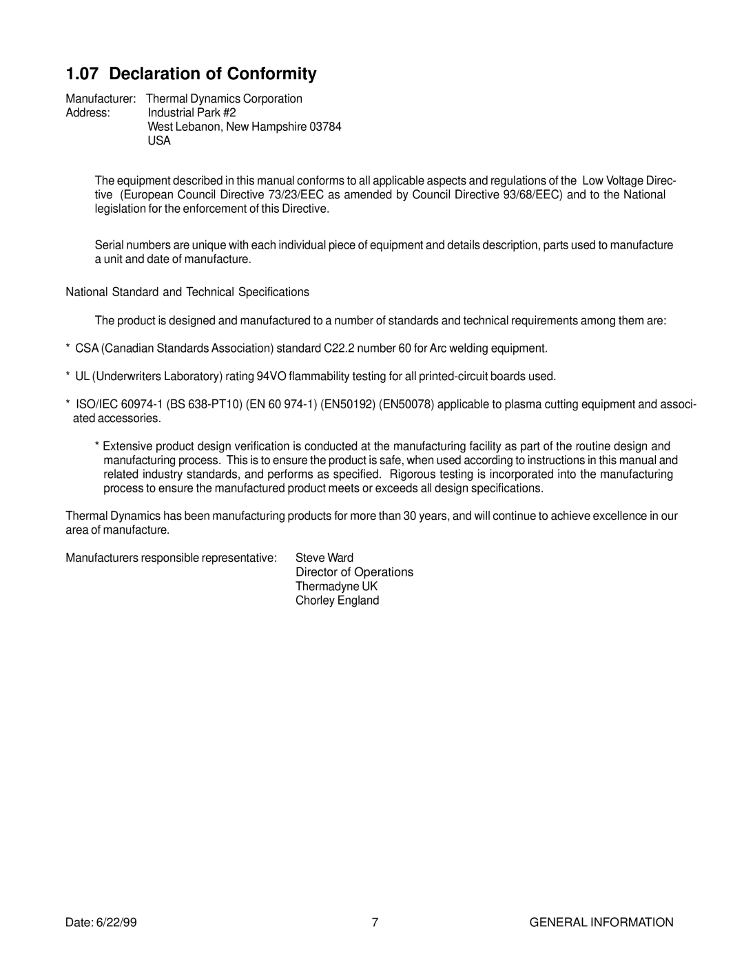 Thermal Comfort 3000 manual Declaration of Conformity, National Standard and Technical Specifications 