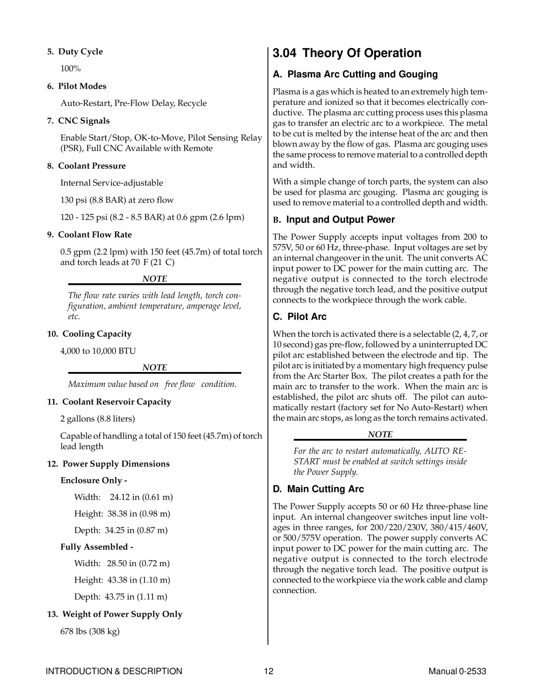 Thermal Comfort 3000 manual Theory Of Operation, Plasma Arc Cutting and Gouging, Input and Output Power, Pilot Arc 