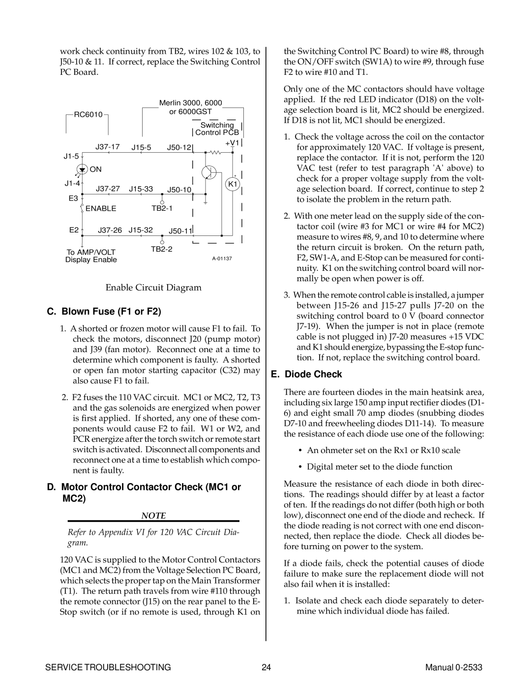 Thermal Comfort 3000 manual Blown Fuse F1 or F2, Motor Control Contactor Check MC1 or MC2, Diode Check 