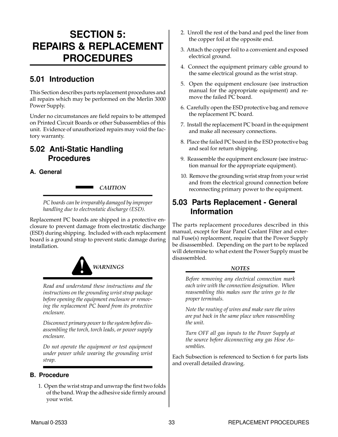 Thermal Comfort 3000 manual Section Repairs & Replacement Procedures, Anti-Static Handling Procedures, General 